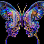 Colorful digital artwork: Stylized butterfly with floral wings on dark background