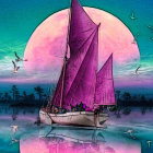 Fantastical tall ship sailing on calm waters under colorful skies