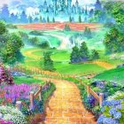 Colorful landscape painting with yellow brick road, hills, trees, and celestial bodies