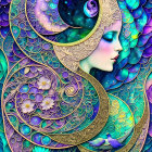 Colorful artwork: Stylized woman with peacock features, celestial elements, and dragon in vibrant