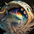 Fanciful white lion with flowing mane in celestial scene