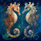 Symmetrical ornate seahorses with gold patterns in blue floral setting