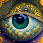 Elaborate digital artwork of stylized eye with peacock feathers and sunflower motifs