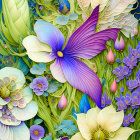 Detailed digital artwork: vibrant fantasy flowers & plants in blue, purple, green