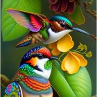 Colorful illustration: Two hummingbirds in flight with intricate patterns