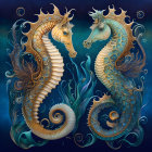 Intricately designed seahorse-like creatures on blue background