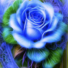 Vibrant digital artwork: Luminous blue rose with dew drops on swirling violet and green tendr