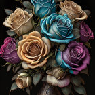 Digitally-rendered multicolored roses with golden, blue, and purple hues in an ornate