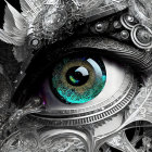 Intricate Mechanical Eye with Gears and Circuitry in Silver, Black, and Teal