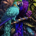 Colorful stylized parrots on twisted branch in neon-hued fantasy scene