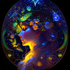 Vibrant cosmic woman profile with stars, nebulae, planets, and crescent moon.