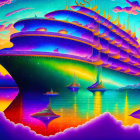 Colorful Psychedelic Illustration of Fantastical Cruise Ship at Sea