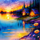 Scenic watercolor painting: lakeside cabins at sunset with reflections, lush flowers, warm lights