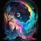 Colorful surreal cosmic scene with swirls, celestial bodies, trees, and castle