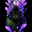 Dragon digital artwork with floral elements and iridescent colors.