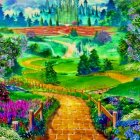 Colorful surreal landscape with yellow brick road and castle in the distance