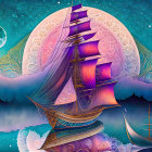 Colorful digital artwork: Stylized sailboat on fantastical sea