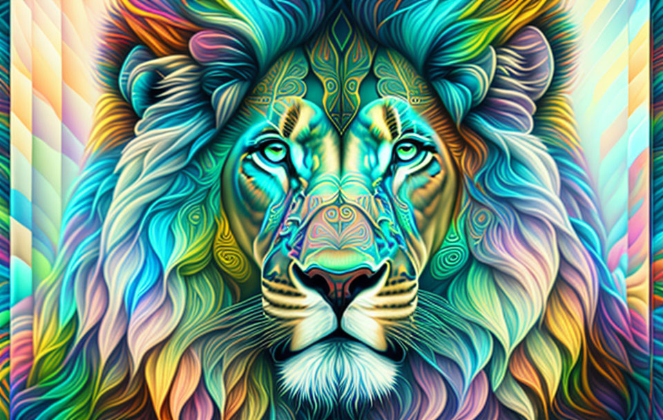 Colorful Lion Face Digital Art with Tribal Patterns and Swirling Mane