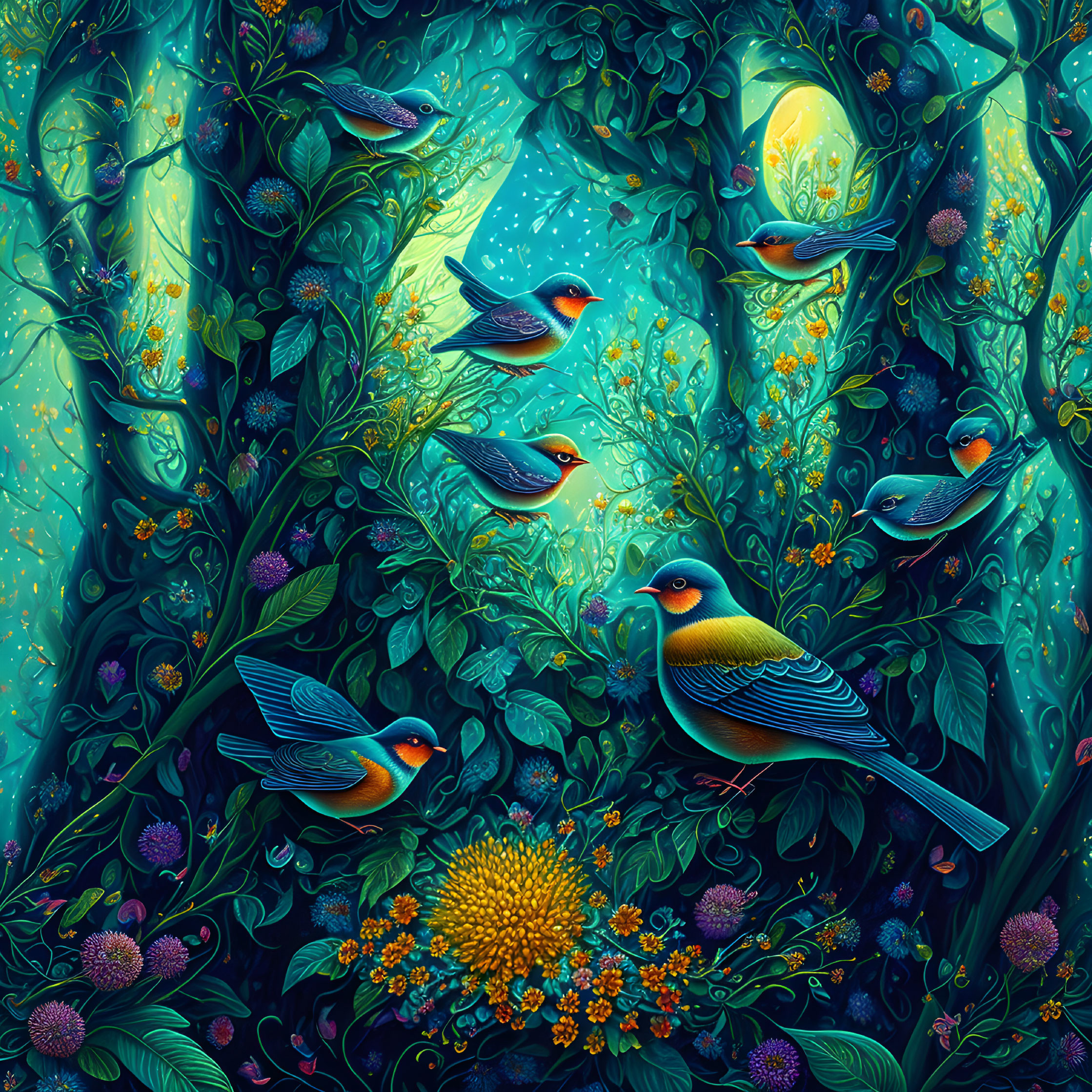 Colorful Birds in Lush Foliage with Golden Flowers