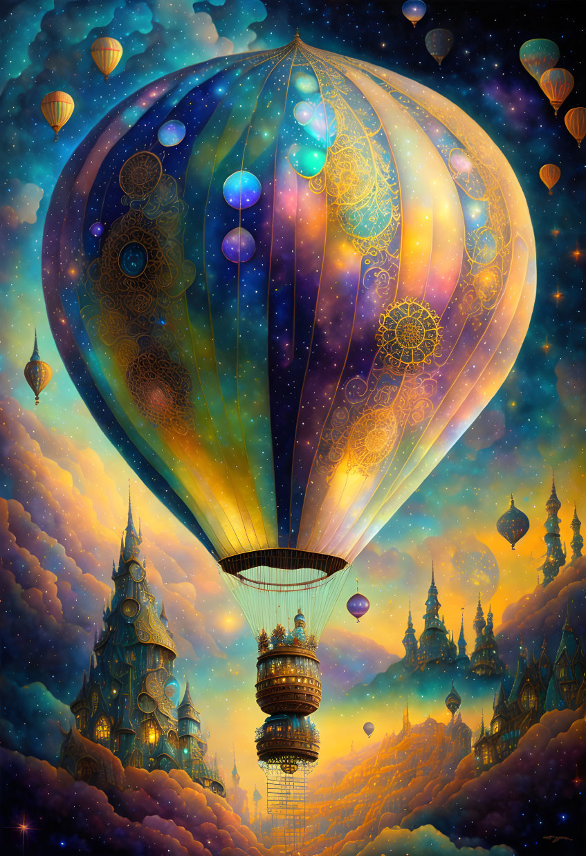 Colorful hot air balloon in twilight sky with castles and balloons