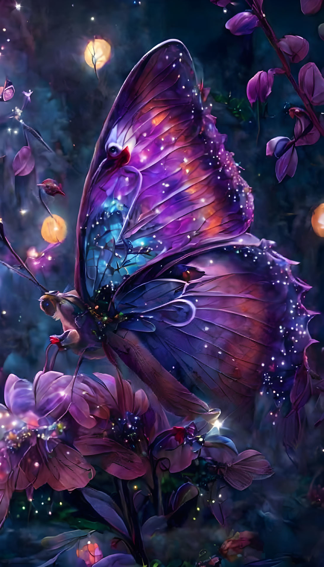 Colorful Butterfly Among Glowing Flowers in Dark Forest