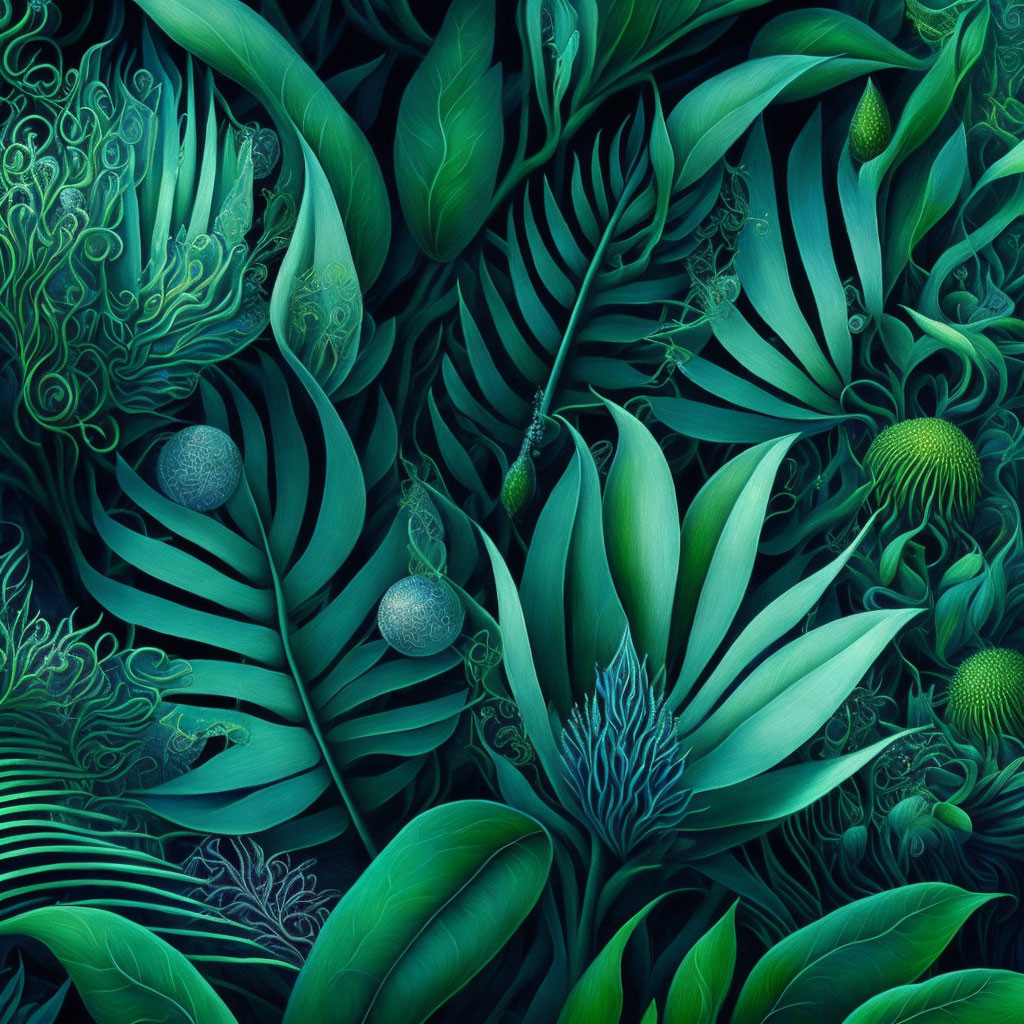 Detailed Tropical Scene Illustration with Lush Greenery