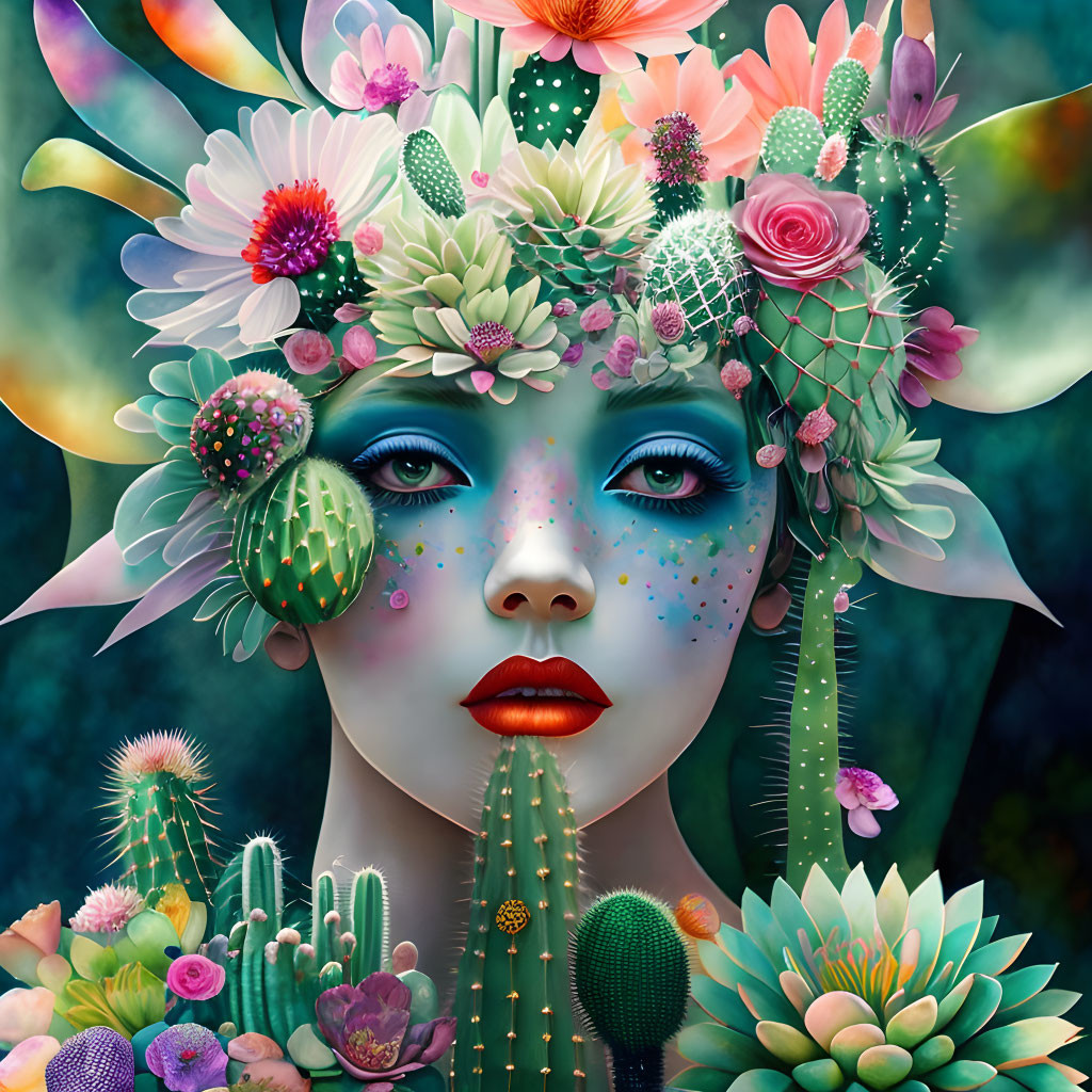 Colorful woman's face with succulent crown on dark green backdrop