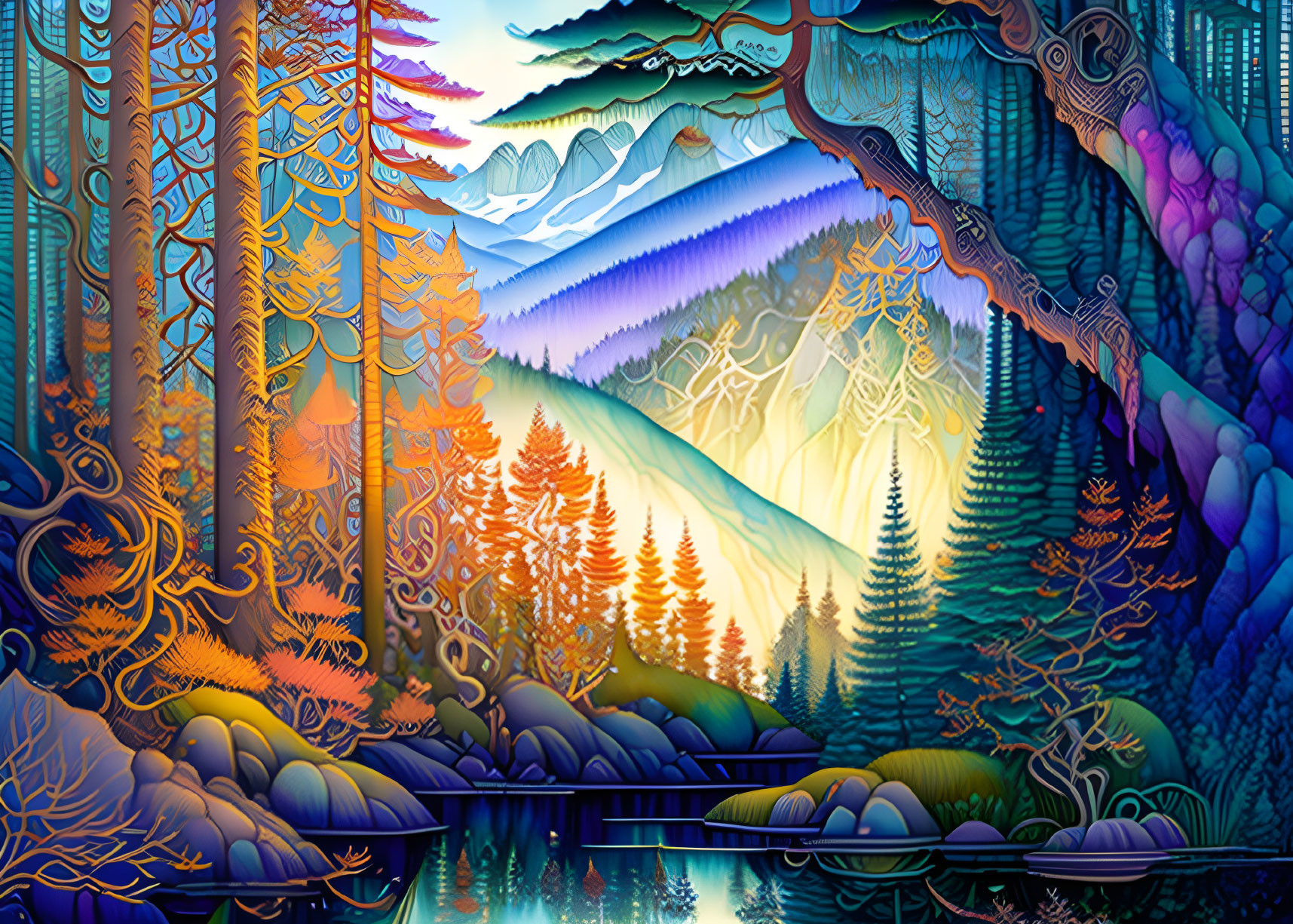 Colorful Tree Landscape with Mountains and Lake in Stylized Art