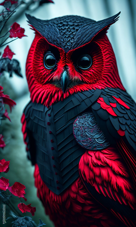 Colorful digital artwork: Red and black owl with floral patterns on blue background