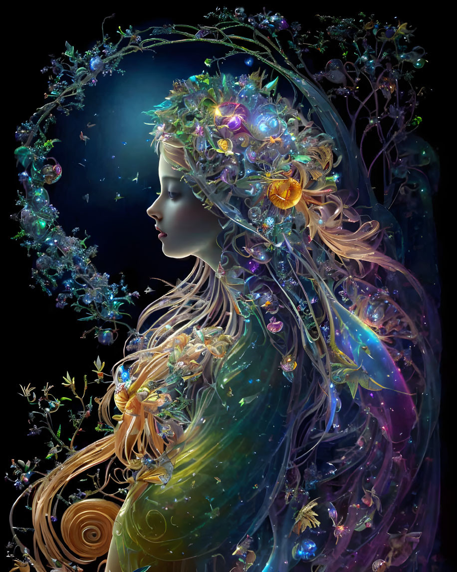 Ethereal figure with flowing hair and luminescent flowers on dark starry background