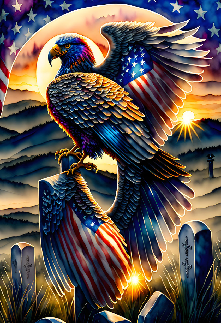 American flag pattern eagle perched on grave markers under crescent moon