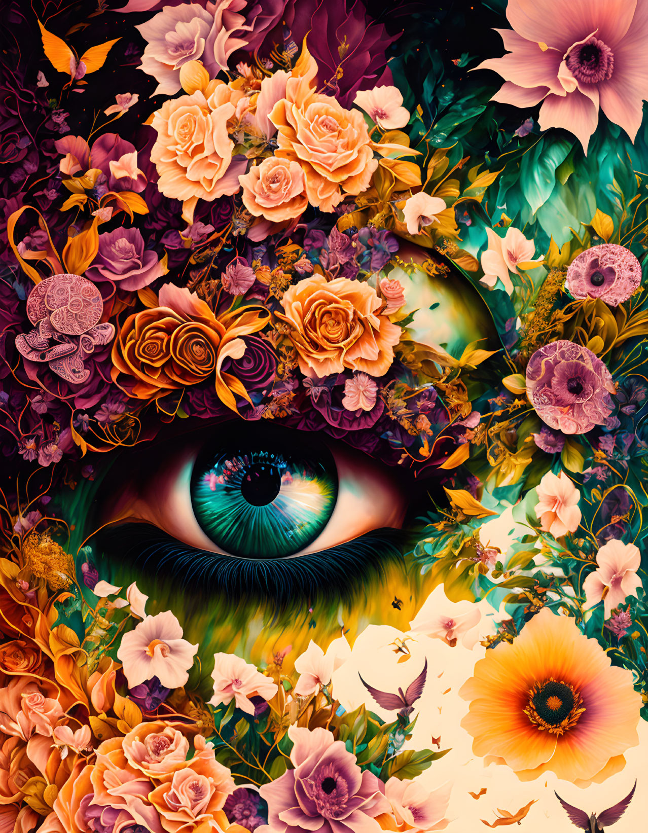 Hyper-realistic eye with colorful flowers and leaves in digital art