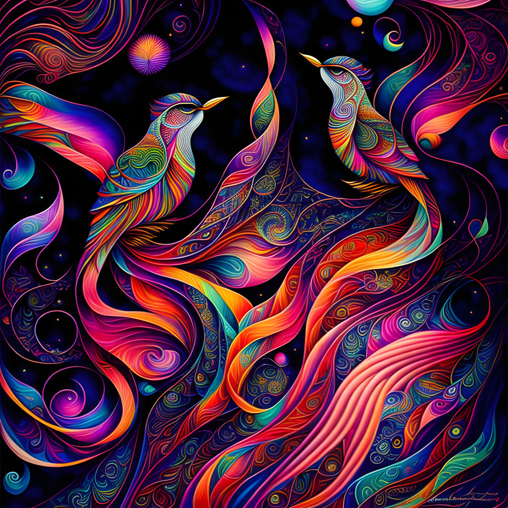 Colorful digital artwork: Stylized hummingbirds in vibrant patterns on psychedelic background