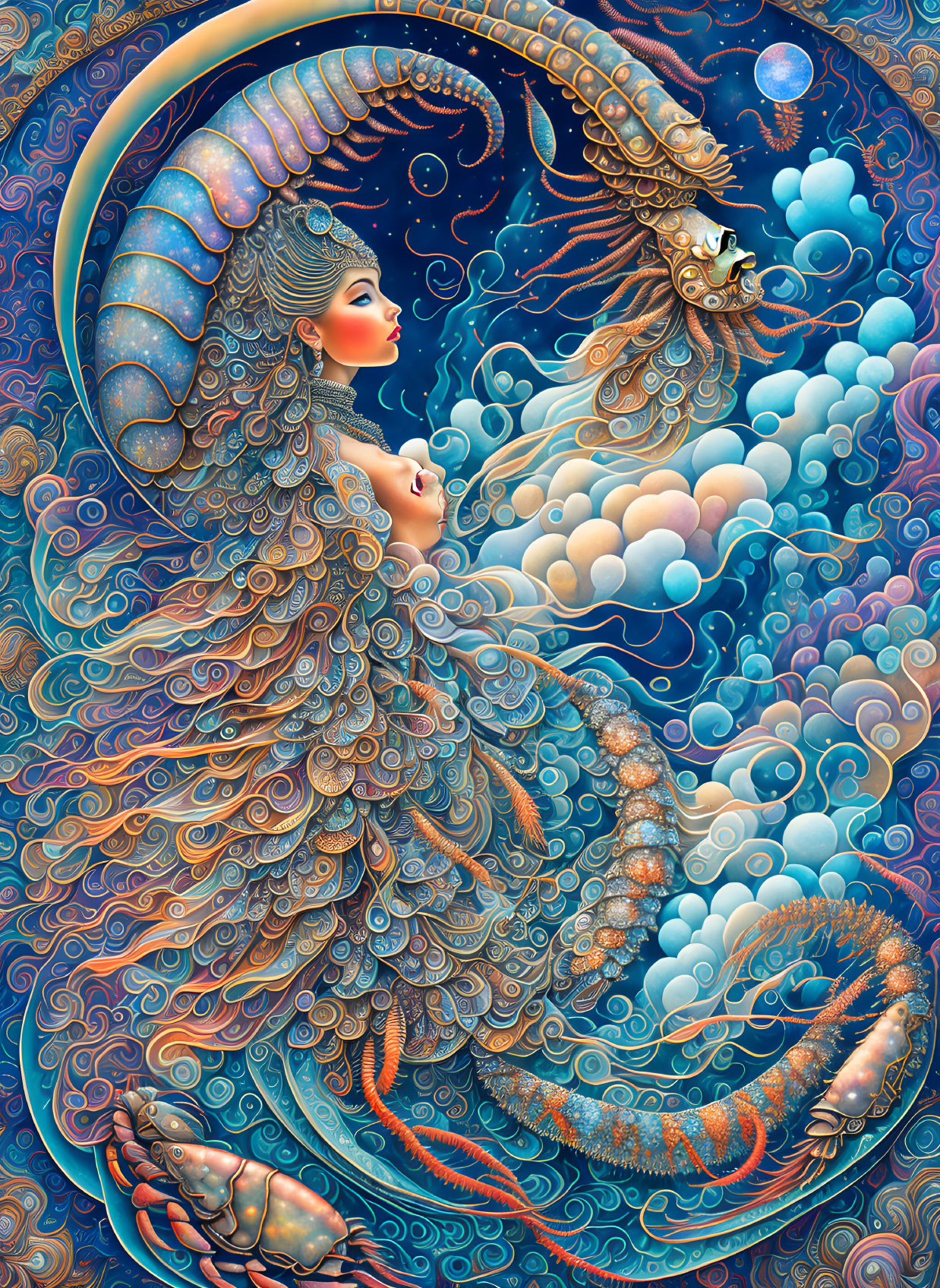 Colorful artwork: Stylized woman with peacock features, celestial elements, and dragon in vibrant