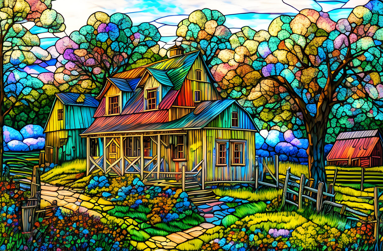 Colorful countryside house with trees, stone path, and flowers under blue sky