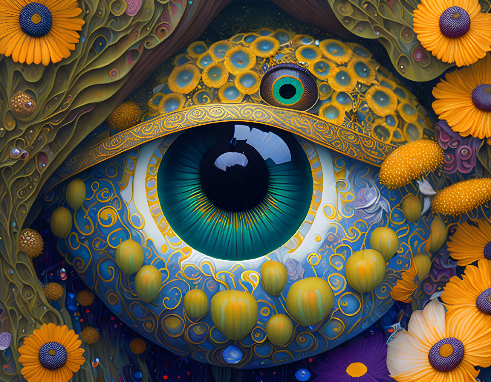 Elaborate digital artwork of stylized eye with peacock feathers and sunflower motifs