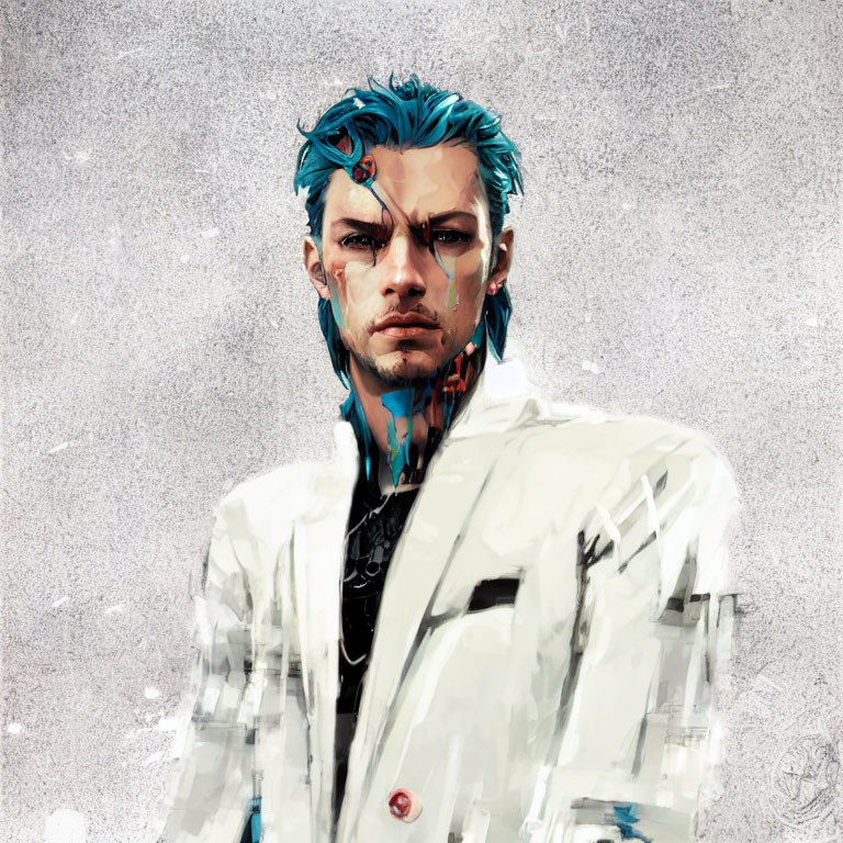 Blue-haired man with cybernetic details in white jacket on grey backdrop