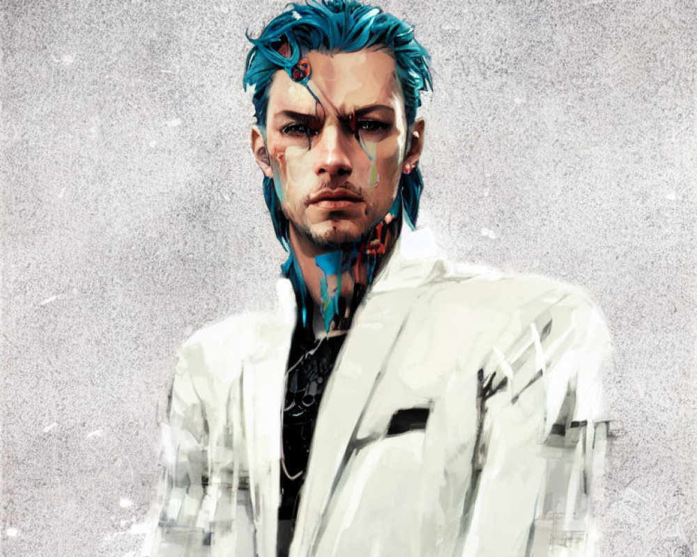 Blue-haired man with cybernetic details in white jacket on grey backdrop