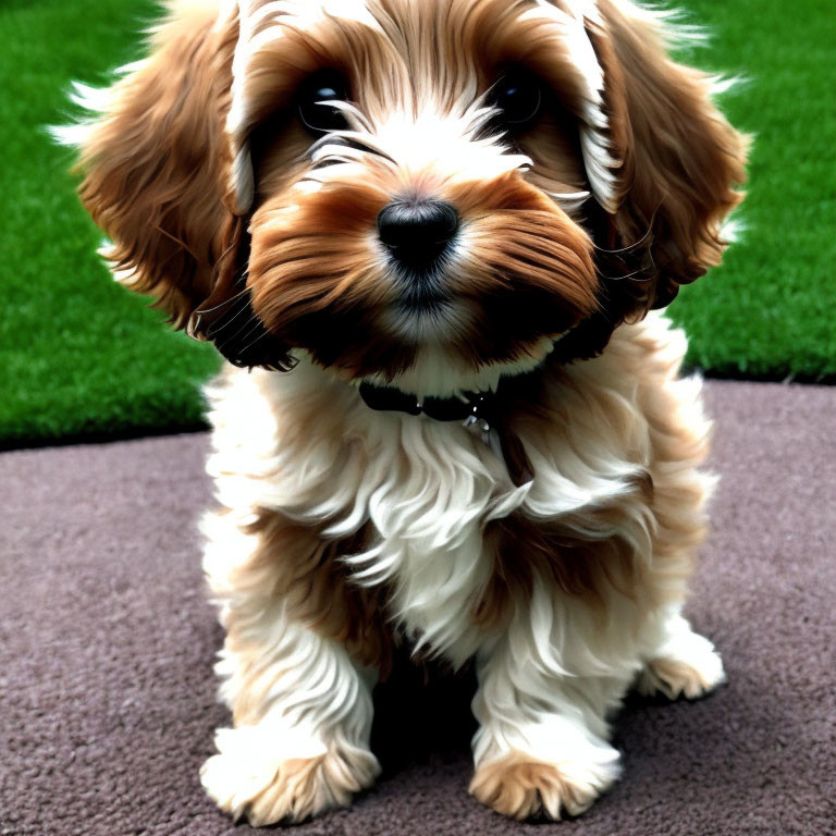 Fluffy Brown and White Puppy with Black Collar on Brown Mat