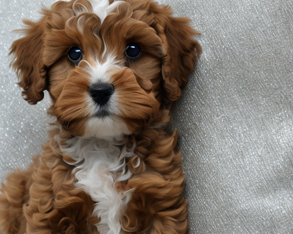 Adorable Brown and White Puppy with Wavy Fur and Bright Eyes by Glittery Silver Pillow