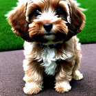 Fluffy Brown and White Puppy with Black Collar on Brown Mat