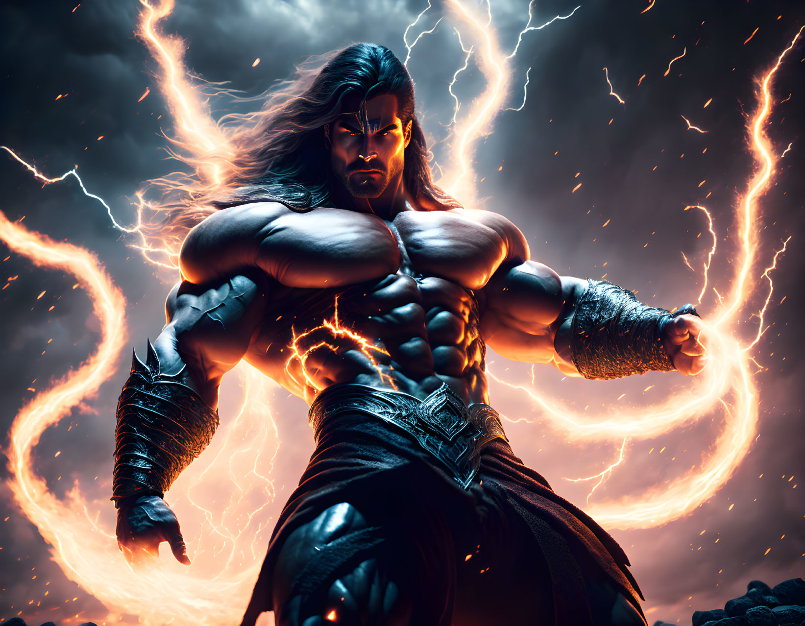 Muscular animated character with glowing eyes in dramatic lightning setting