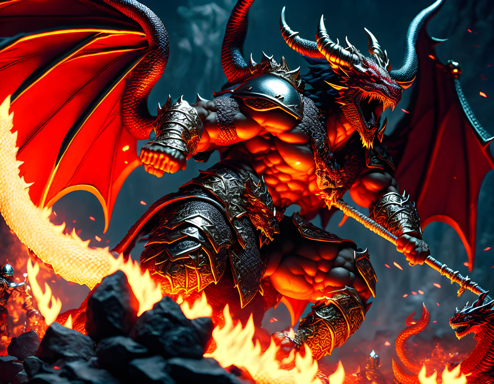 Red Dragon and Armored Knight in Fiery Scene