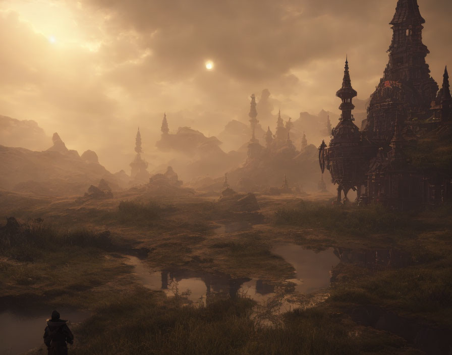 Person standing near ancient ornate temples in rocky terrain under hazy sunlit sky.