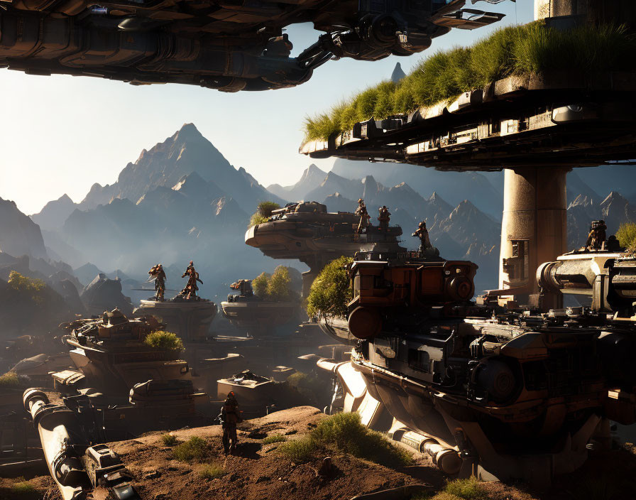 Advanced machinery and vehicles in futuristic mountain settlement