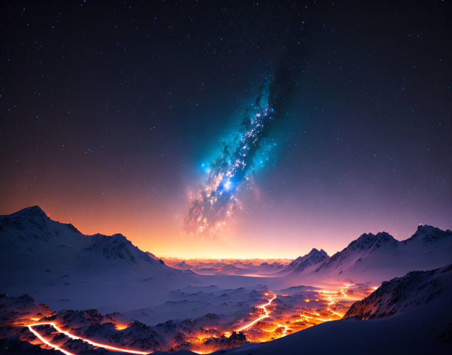 Snow-covered mountains under a sparkling Milky Way in a vivid nightscape