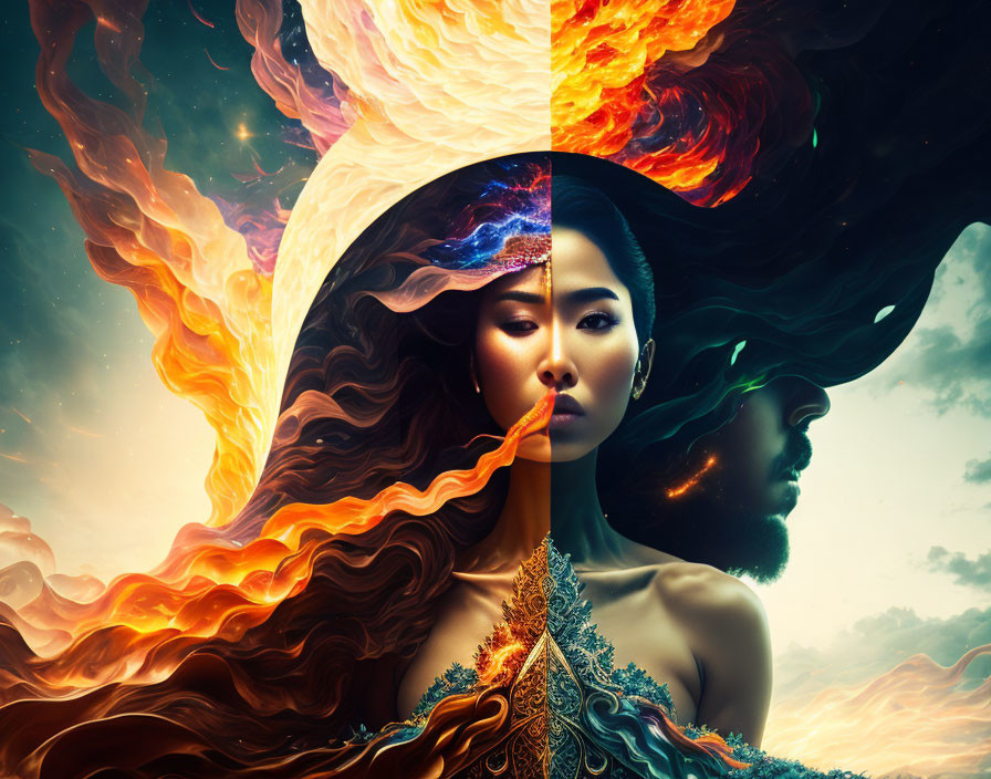 Digital artwork of woman and man profiles with cosmic and fiery elements symbolizing duality and nature.