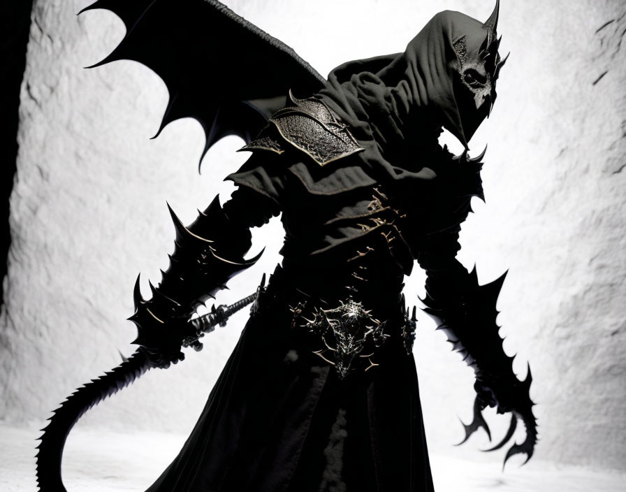 Dark Fantasy Costume with Bat-like Wings and Clawed Gauntlets on White Background