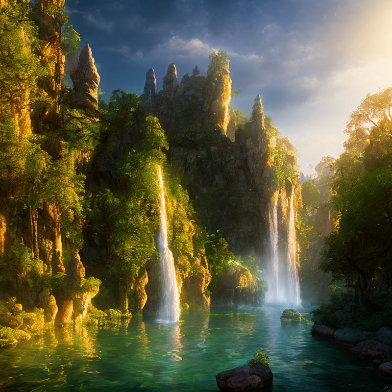 Tranquil landscape with sunlit waterfall and turquoise lake