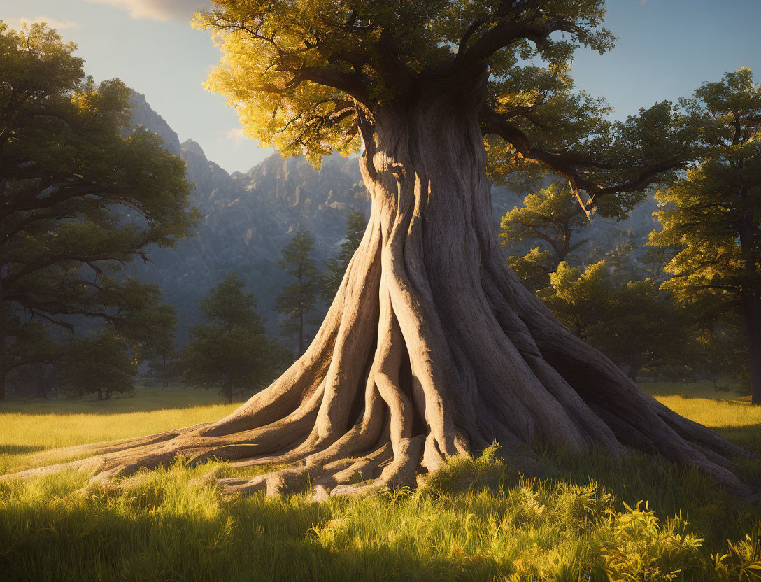 Majestic tree with expansive roots in sunlit forest clearing surrounded by mountains